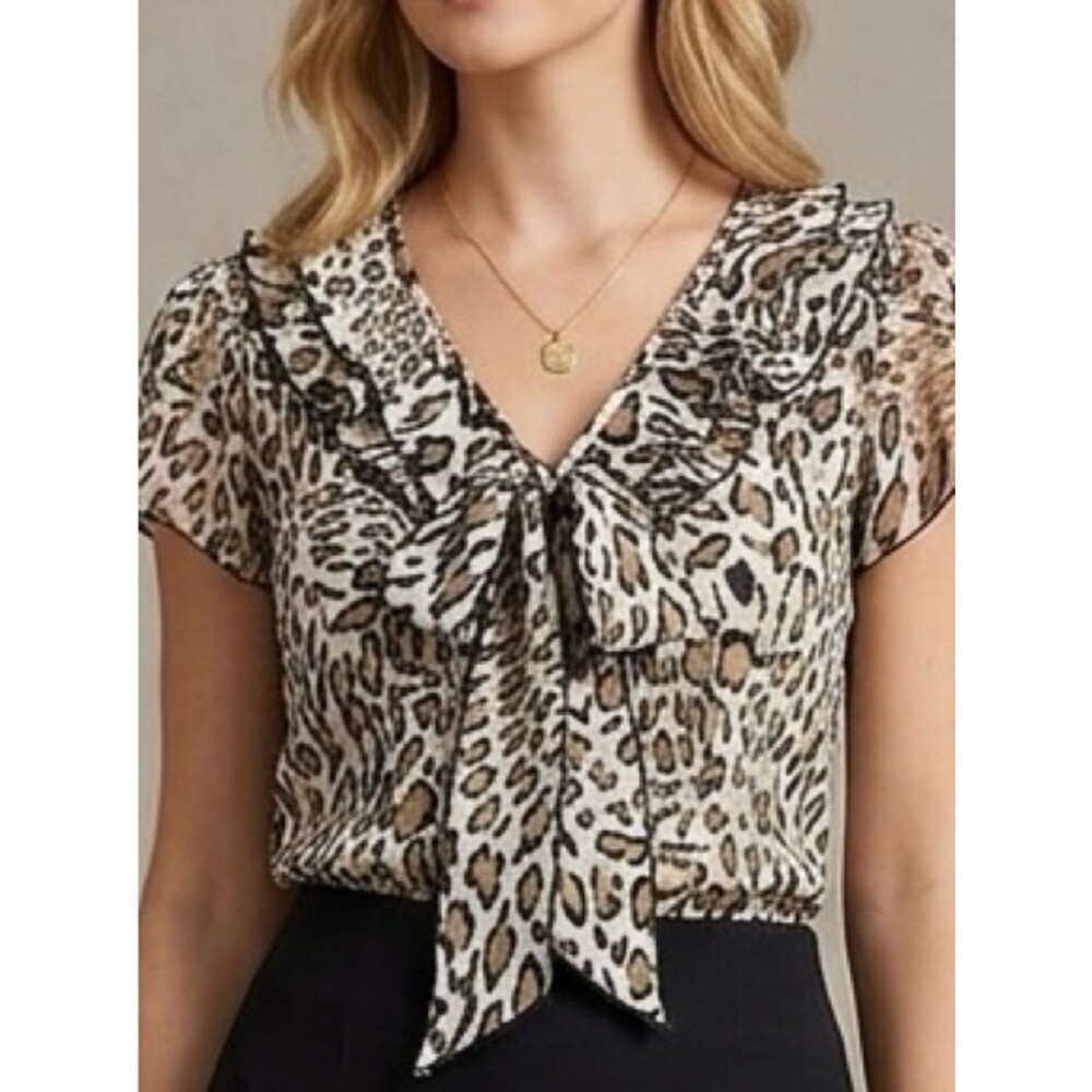 Allison Taylor Leopard Print Tie-Neck Blouse - Beige Black
